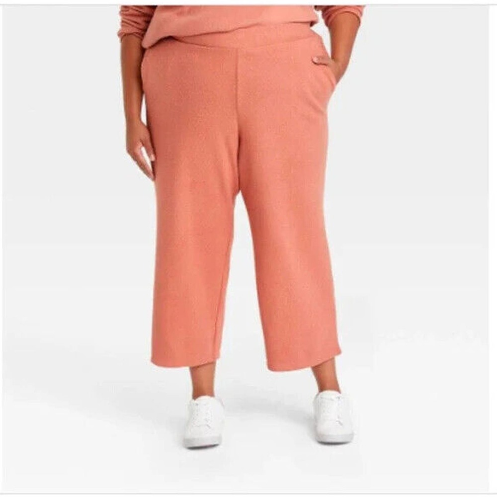 NEW Ava & Viv Women's Plus Size Ribbed Cropped Straight Leg Pants Coral 2X